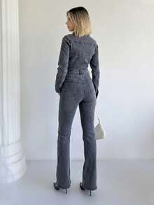 Women's Fashionable Gray-Black Long Sleeve Regular Shoulder Bodysuit - Grey - View 4