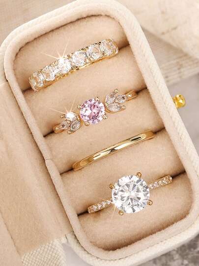 4 piezas Anillos de lujo con circonita cúbica con caja para mujeres para boda, compromiso, aniversario, fiesta, joyería, regalo del Día de San Valentín