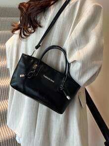 1pc Pink Quilted Zipper Closure PU Solid Color Bowling Bag, Large Capacity Tote Bag, New Fashion Vintage Style Shoulder Bag, Rope Decor, Suitable For Women Daily Use, Autumn/Winter - Black - View 3
