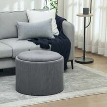 Storage Ottoman With Lid, Round Footrest, Tufted Ottoman, Corduroy-Look Coffee Table, 56 X 56 X 42 Cm, Grey - Grey - View 7