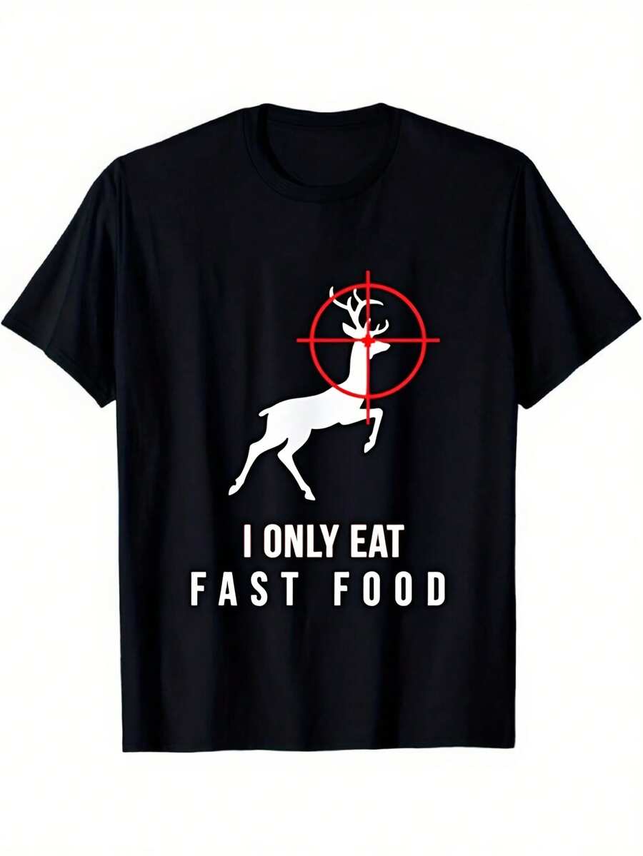 Camiseta gráfica "I Only Eat Fast Food Deer Target" para hombre - Camiseta informal de cuello redondo y manga corta negra con diseño de diana roja, temática humorística de caza y comida rápida, ideal para todas las estaciones. - Negro 27 - Ver 1