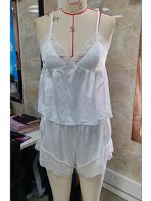 Womens Lace Trim Pajama Sets 2 Piece Satin Silk Cami Tops And Shorts Set Nightwear Sleepwear Matching Lounge Set - V領-黃色 - 查看 7