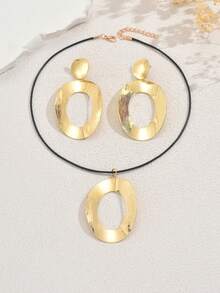 2pcs/Set Vintage French Geometric Necklace, Fashionable Women Metal Pendant Necklace Jewelry Set - Gold - View 3