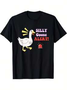 Camiseta gráfica "Silly Goose Alert!" para hombre: 100 % algodón, estilo urbano informal con letras rojas y diseño de ganso. Corte regular, manga corta, cuello redondo, ideal para ocasiones informales y fiestas temáticas. - Negro 31 - Ver 1
