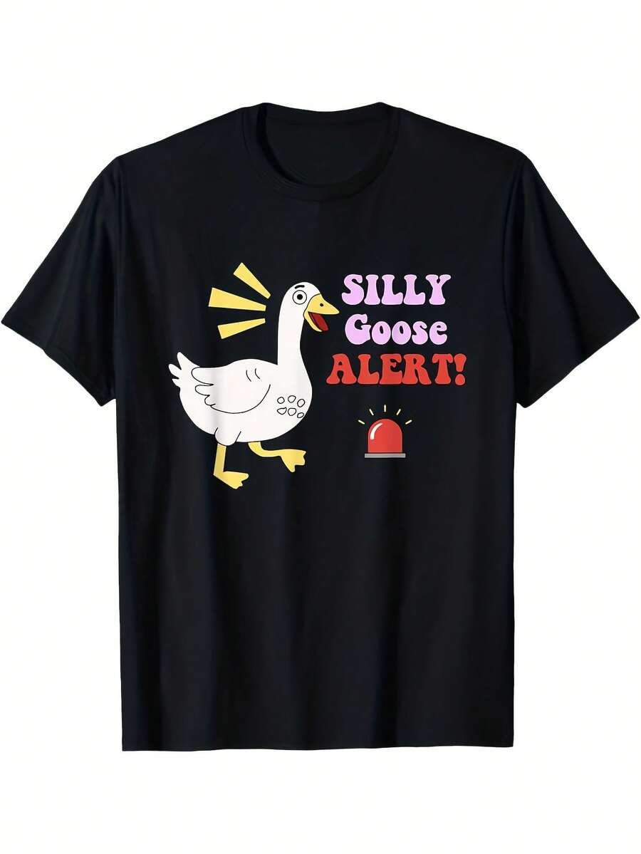 Camiseta gráfica "Silly Goose Alert!" para hombre: 100 % algodón, estilo urbano informal con letras rojas y diseño de ganso. Corte regular, manga corta, cuello redondo, ideal para ocasiones informales y fiestas temáticas. - Negro 31 - Ver 1