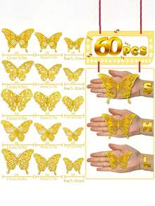60件彩虹3D蝴蝶装饰套装 - 闪亮金色纸蝴蝶，适用于派对、婚礼、生日DIY装饰、蛋糕装饰、可移除墙贴、教室装饰、圣诞节节日装饰 - 閃光 - 查看 12