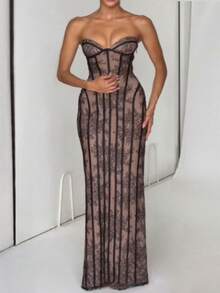 2026 Summer New Women's Fashion Strapless Lace Mermaid Dress Sexy Hot Girl Dress - 黑色-長款 - 查看 7