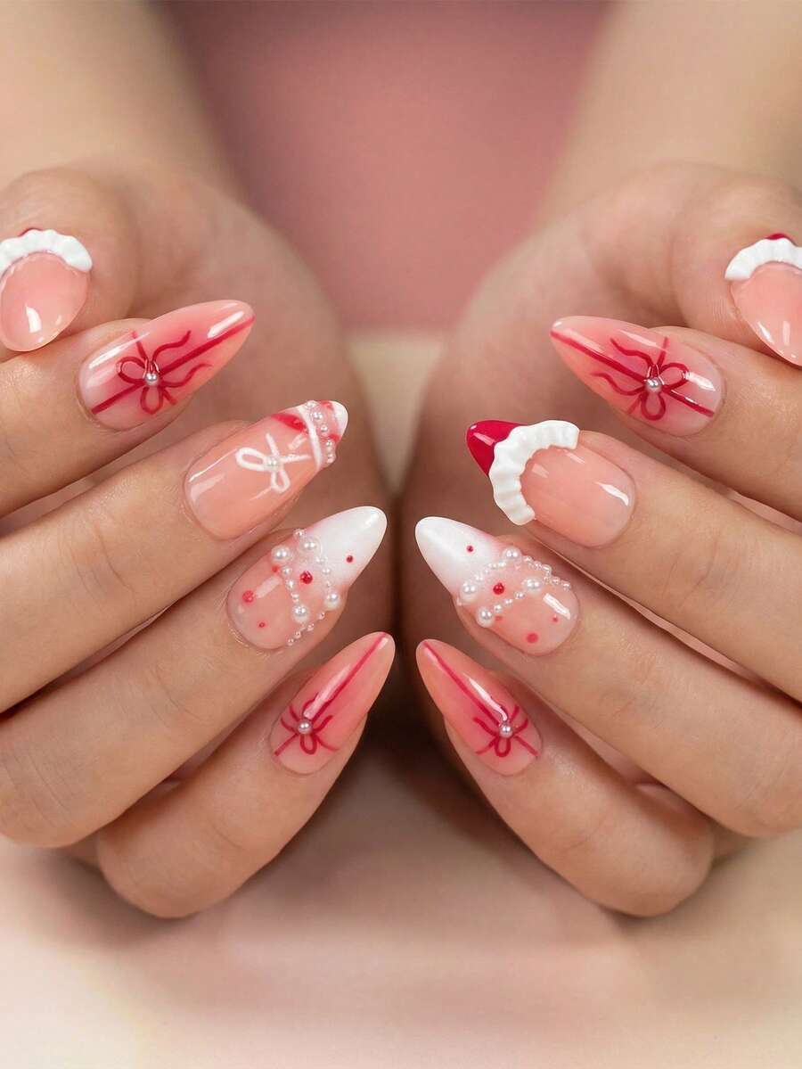 24pcs Almond Shaped Reusable Stick-On False Nails, Featuring Elegant Bow And Polka Dot Pearl Patterns In Classic Valentine's Day Style. Minimalist And Chic Design, Suitable For Women's Daily Wear And Travel - Multicolor - View 1
