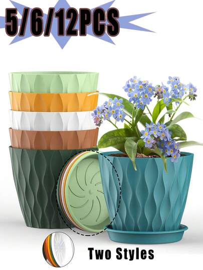 6pcs 4-Inch Ripple Plastic Planter Pots With Drainage Holes - Ideal For Indoor/Outdoor Planting Of Succulents, Herbs And Fresh Flowers, Casual Style, Round