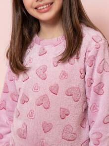 Teddy Plush Winter Pajamas For Kids - Pink Heart - Hot Pink - View 2