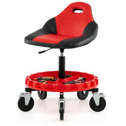  COSTWAY Rolling Garage Stool, Mechanic Stool On Wheels W/ 71-83 Cm Adjustable Height & Tool Tray Storage, 5-Wheel Pneumatic Creeper Seat For Auto Repair, 150 KG Max Load, Red