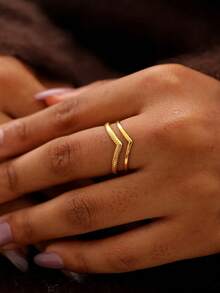 A Double-Layered V-Shaped Design Ring That Is Easy, Unique, Elegant, And Luxurious. This Women'S Ring Is Made Of 304 Stainless Steel And Features An Adjustable Open Design, Making It Suitable For Everyday Wear, Vacations, Holidays, Parties - Multicolor - View 8