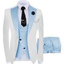 A Three-Piece Suit For Groomsmen, Featuring A Slim Fit Tuxedo Ideal For Wedding Dances, Includes A Stylish Jacket, Trousers, Vest, Tie, Tie Clip, Handkerchief, Two Cufflinks, A Boutonniere, And A Brooch For Formal Occasions - Sky Blue - 查看 1