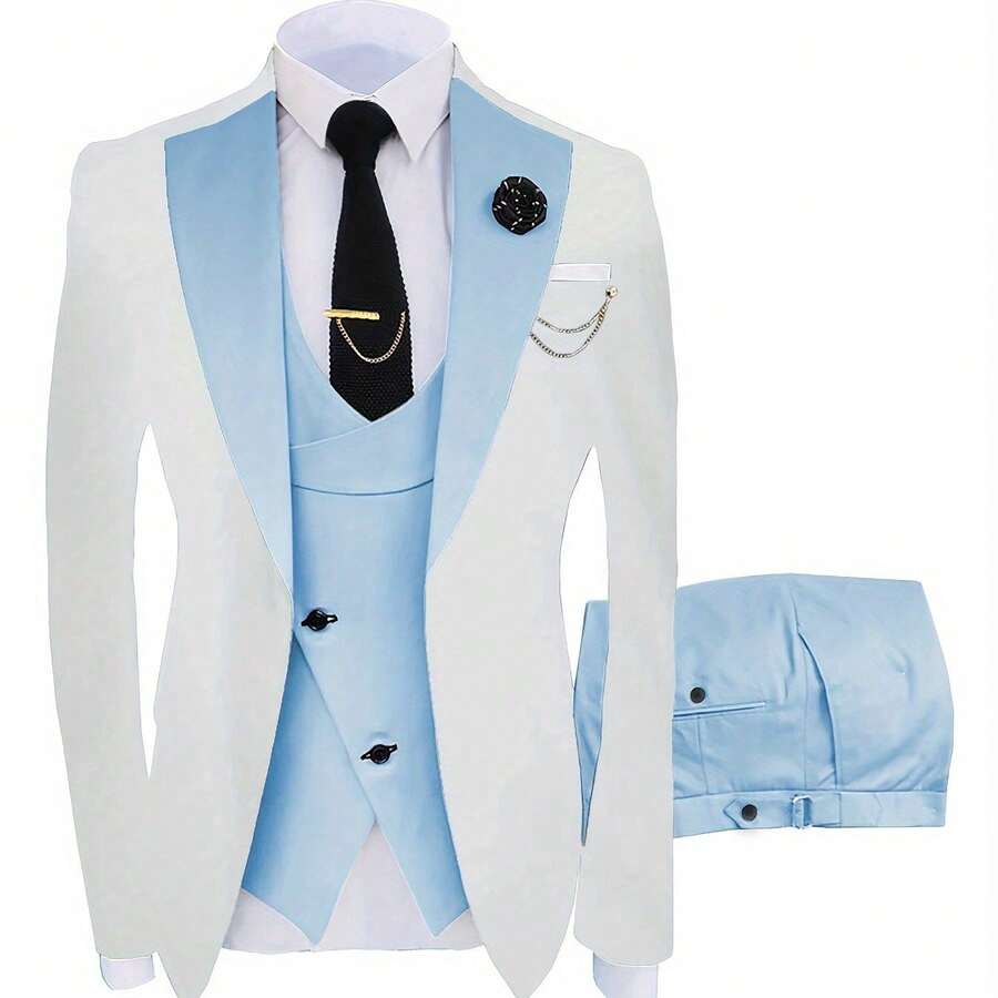 A Three-Piece Suit For Groomsmen, Featuring A Slim Fit Tuxedo Ideal For Wedding Dances, Includes A Stylish Jacket, Trousers, Vest, Tie, Tie Clip, Handkerchief, Two Cufflinks, A Boutonniere, And A Brooch For Formal Occasions - Sky Blue - 查看 1