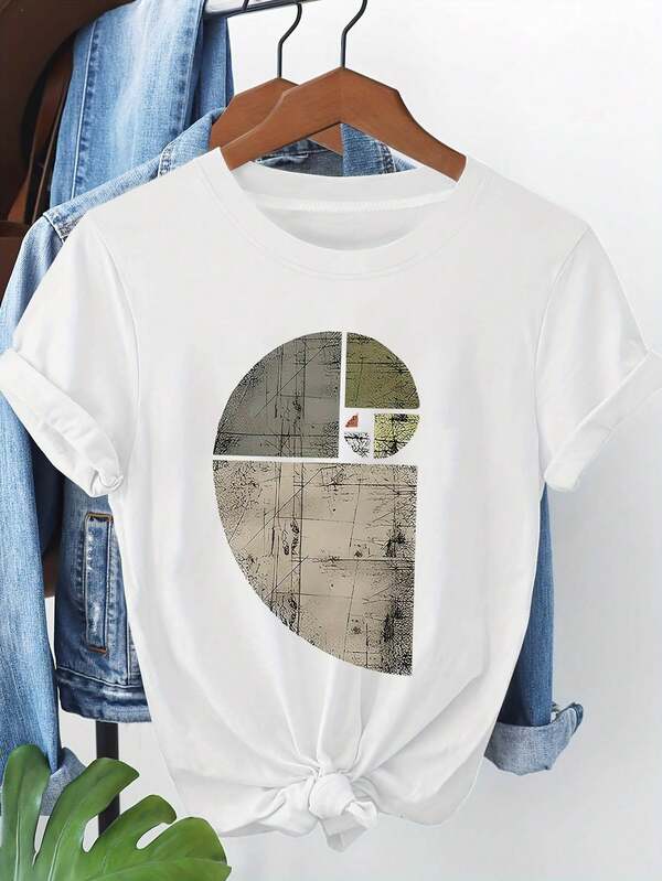Women's Short-Sleeve Crew-Neck T-Shirt With Modern Geometric Mosaic Print - Spring Summer Casual Blouse - Medium-Stretch Comfortable Top For Daily Wear & Holiday Outfits - Elegant Style Line (Non-) - Machine Washable Spring Summer