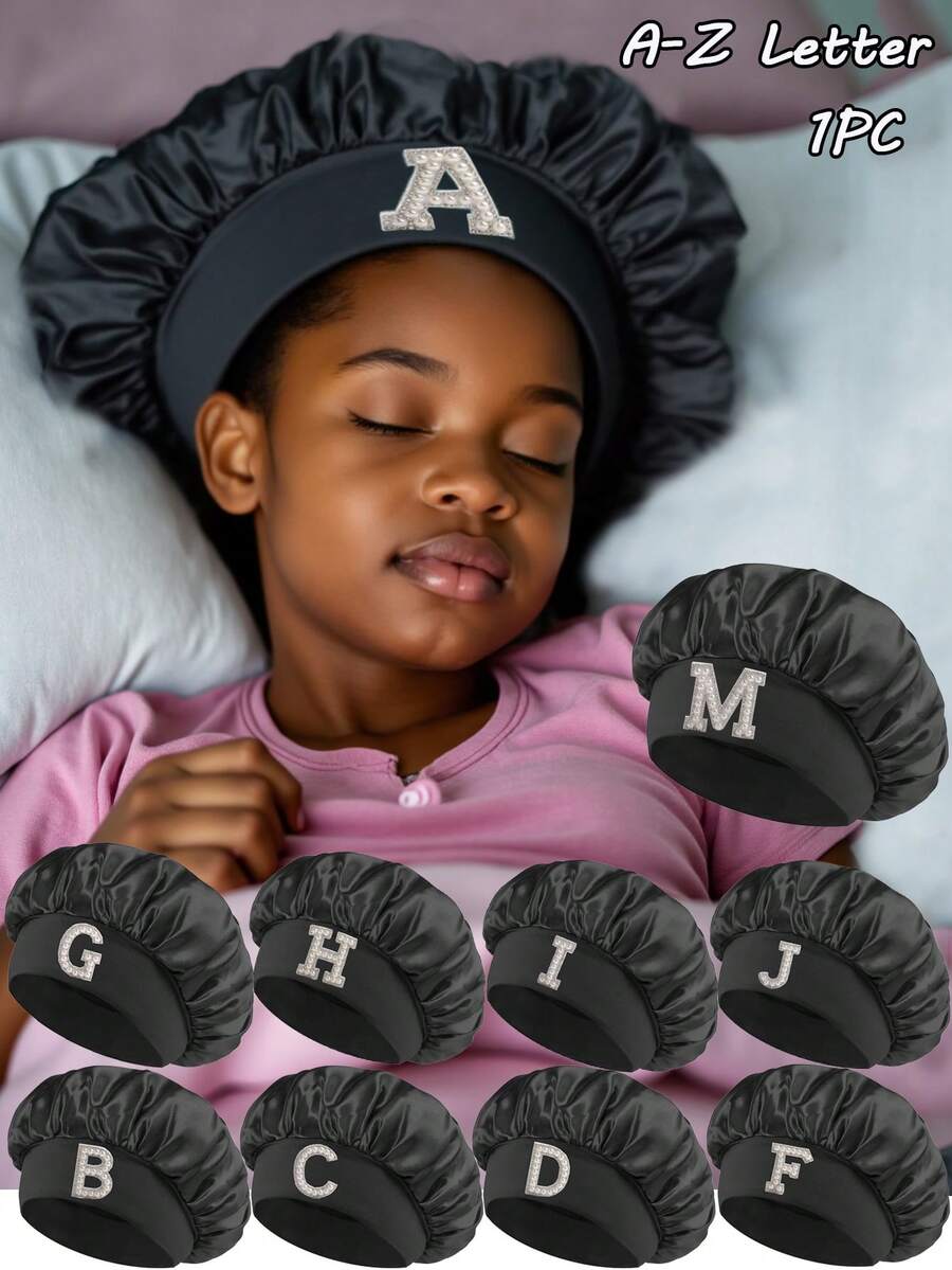 1 Pc A-Z Letter Hats Children' Elastic Wide Brim Satin Sleeping Cap Elastic Caps Fit, Hair Protection, Ultra Soft & Breathable With Anti-Slip Lining - Black - View 1