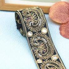 5cm Wide Sequin Gold Thread Embroidered Satin Ribbon, Middle Eastern Style Stage Costume Accessory Trim, Suitable For Headwear, Bags, Handmade DIY, Clothing & Hat Decoration - Multicolor - View 6