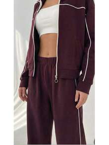 Women's Casual Zip-Up Jacket And Pants Set, Autumn Sports Outfit - Burgundy - View 3