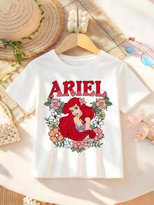 Disney Princess Ariel Print T-Shirt For Girls - Children's Clothing Design Short-Sleeve Casual Cute Style Comfortable And Relaxed Fit For Boys And Girls Perfect For Parties And Play Machine Washable Gift-Wrapped Children's Apparel Girls' Short-Sleeve Shirt - 白色 - 查看 1