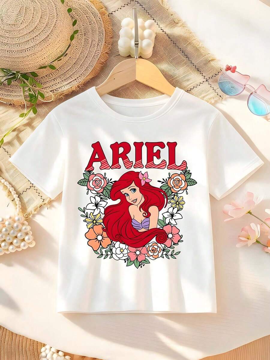 Disney Princess Ariel Print T-Shirt For Girls - Children's Clothing Design Short-Sleeve Casual Cute Style Comfortable And Relaxed Fit For Boys And Girls Perfect For Parties And Play Machine Washable Gift-Wrapped Children's Apparel Girls' Short-Sleeve Shirt - 白色 - 查看 1