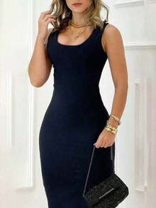 Elegant Fitted Dress, Women's - Sleeveless Backless Design, Suitable For Spring/Summer Occasions, Machine Washable Polyester Blend Fabric, Backless Fitted Dress - Black - View 4