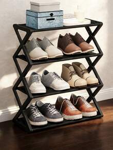 Four-Layer Large Z-Shaped Shoe Rack, Easy To Assemble Without Tools, Pink Plastic Stackable Storage Organizer, Suitable For Home, Dormitory And Living Room, Space-Saving Floor Design, Shoe Storage Organizer - 灰色升級款 - 查看 3