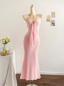 Women's Vacation Knit Mesh Ombre Romantic Fitted Halter Tie-Up Metal Buckle Decor Fishtail Maxi Dress, Suitable For Party, Date, Afternoon Tea, Sexy & Elegant - 粉色 - 查看 4