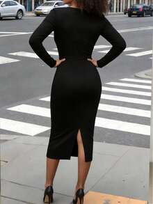 Đầm nữ màu đen thanh lịch, cổ tròn, cài cúc phía trước, màu trơn, thích hợp cho mùa xuân. - màu đen - Xem 5