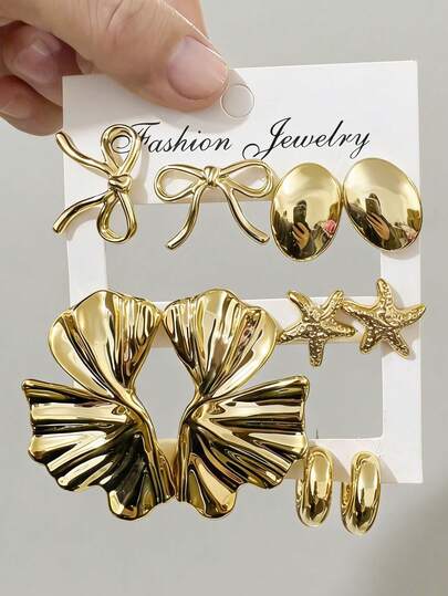 1/5对 时尚金色光滑左右耳钉套装，包含五瓣花、海星、蝴蝶结耳钉，适合女性日常佩戴，是送给朋友和家人的最佳礼物（轻质ABS塑料材质）