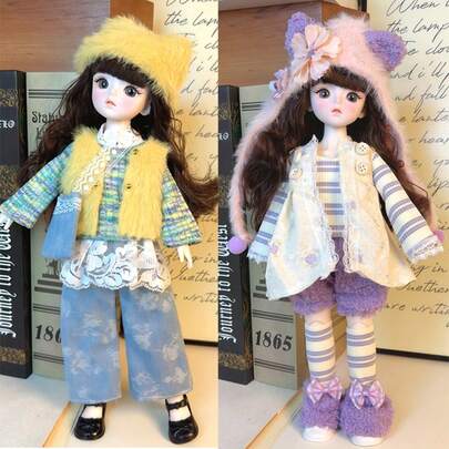 两件套娃娃服装，适合30厘米/11.81英寸的娃娃，黄紫条纹可爱毛绒成人娃娃服装，可收藏的娃娃裙