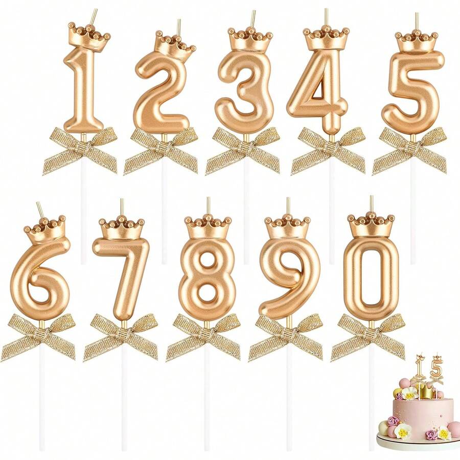 10 Pcs Champagne Gold Birthday Number Candle,Bow And Crown Number 0-9 Glitter Birthday Candles,Hy Birthday Cake Topper Gifts Party Drations For Men Women Wedding,Anniversary Indoor Use Variant 1 - Vàng sâm panh - Xem 1