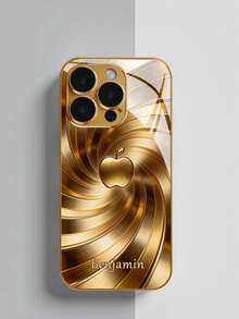 1pc Customized Name High-Definition Electroplated Glass Phone Case With Gradient Apple Pattern, Compatible With Iphone 17 Pro Max/16 Pro Max/15/14 Plus/13 Pro/12 Pro Max/11/Xs Max/8/7/6 Plus Phone Accessories - Gold - View 4