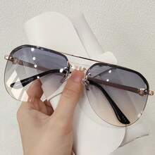 Gafas de aviador de metal con diseño de media montura para mujer - Hojas de té dobles con marco dorado - Ver 3