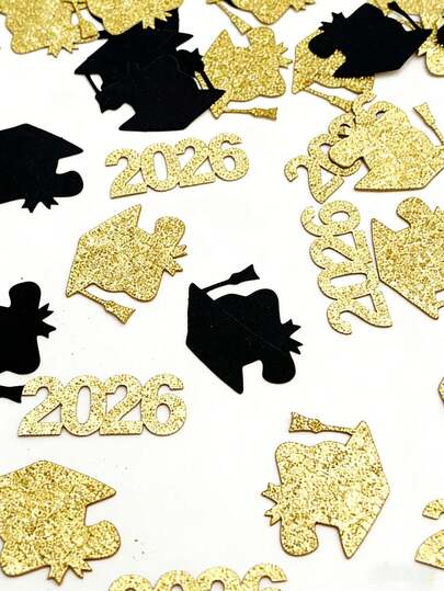 100pcs Gold And Black Graduation Confetti, Graduation Cap Confetti, Graduation Celebration Confetti - 2026 Graduation Party Decor - High School/University Graduation Party Table Scatter - Black Gold Glitter
