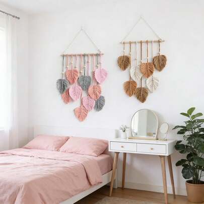 1件套手工编织挂毯，波西米亚风流苏叶子装饰，简约手工编织叶子背景墙挂毯，床头板挂饰