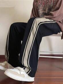 1件加大码男士休闲宽松裤，百搭户外街头风长裤，适合日常穿着、徒步旅行、运动训练、健身、慢跑、街头风格，条纹直筒裤型 - 黑色 - 查看 4