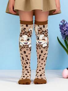 1 Pair Cute Rabbit Ears Leopard Print Knee High Socks, Cute Funny Bunny Over The Knee Socks, Fashion Funny School Running Athletic Sports Socks, Back To School Students Teenagers Girls Socks, Valentine Day Gift - Multicolor - View 2