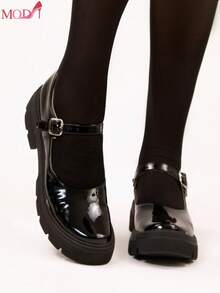 Bailarinas cuadradas para mujer, zapatos planos de piel sintética tipo Mary Jane, transpirables y casuales, elegantes y de moda, bailarinas de ante, zapatos versátiles de moda casual para mujer, para ir al trabajo y de vacaciones,zapatos para mujer,zapatos comodos de mujer, Zapatos De Estilo Mary Jane Para Mujer De Talla Grande, De Estilo Minimalista Y Preppy, De Piel Sintética (PU), Tacón Grueso, Suela Plana Gruesa Y Versátil De Color Negro Brillante,zapatos para mujer,Cómodos oxfords con elevación, zapatos para fiesta estilo británico.Regalos para mujer/mamá/niña - Negro - Ver 17