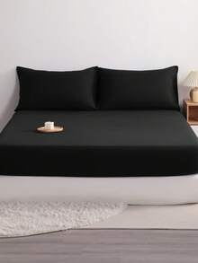 3pcs Solid Color Fitted Sheet Set  With 1pc Fitted Sheet+2pcs Pillow Case Without Filler, Modern Soft Bedding Set For Household Sheet Deep Pocket Up To 15 Inch - 黑色 - 查看 1