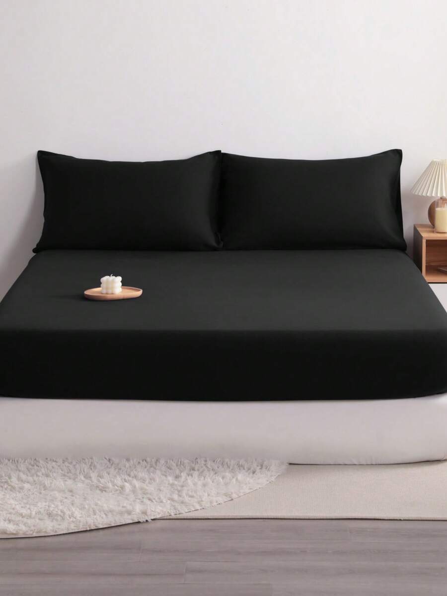 3pcs Solid Color Fitted Sheet Set With 1pc Fitted Sheet+2pcs Pillow Case Without Filler, Modern Soft Bedding Set For Household Sheet Deep Pocket Up To 15 Inch - 黑色 - 查看 1