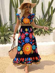New Autumn Lightweight V-Neck All-Over Cute Leaf & Floral Print Bohemian Casual Pleated Ruffle Hem Waist Splice Maxi Dress, Suitable For Music Festivals, Women's Holidays, Country Music Concerts, Graduation, Parties, Back To School, Teacher's Day, Halloween, Christmas - 黑色 2 - 查看 2