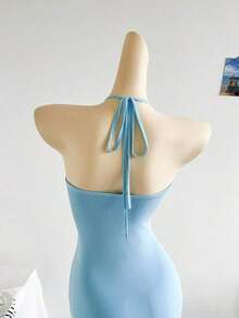 Women's Vacation Knit Mesh Ombre Romantic Fitted Halter Tie-Up Metal Buckle Decor Fishtail Maxi Dress, Suitable For Party, Date, Afternoon Tea, Sexy & Elegant - 藍色 - 查看 6