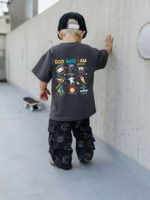 Young Boy Casual Graphic Print Crew Neck Short Sleeve T-Shirt, Summer Top - Dark Grey - View 5