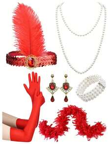 6件套1920年代复古女郎派对服装配饰 - 复古发箍、耳环、仿珍珠项链、仿羽毛围巾、手套 - 适合派对、1920年代主题角色扮演、化装舞会、正式晚宴、新年派对和情人节 - 彩色 - 查看 2