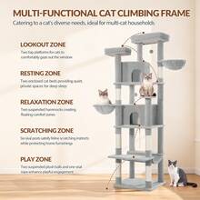 HEXCELEN Cat Tree For Large Cats, 216cm Cat Tower, Multi-Level Cats Climbing Tower With Scratching Posts, 2 Comfy Condos, 2 Perches, 2 Baskets, Hammock, For Indoor Use - Light Grey - View 2