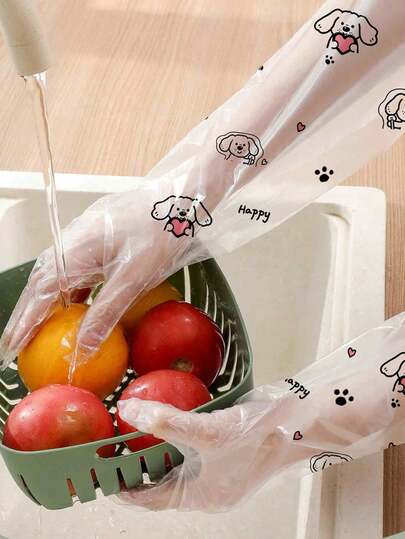 Guantes con estampado de dibujos animados, guantes desechables de manga larga extra largos y gruesos, guantes de manga larga con patrón de cachorros lindos, guantes esenciales para la cocina