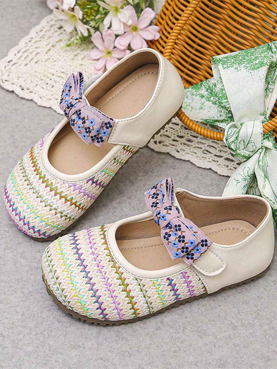 1 Pair Kids Flat Shoes, 2026 New Spring Girls Knitted Soft Bottom Hook And Loop Casual Performance Fashion Shoes, Girls Bowknot Fashionable Shoes - Beige - View 1