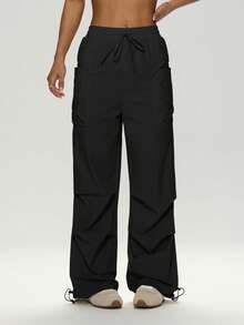 UONNOU 1pc Y2K Style Women's Parachute Pants Elastic Drawstring Waist Design Large Pockets Adjustable Hem Street Style Cargo Pants - Black - View 5
