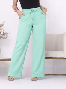 Wide-Leg, Loose-Fitting, High-Waisted Pants In Duna Fabric With Elastic Waistband And Pockets. - Water Green - View 1