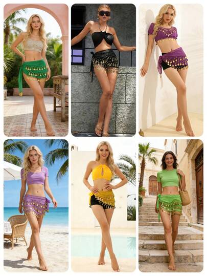 一件手工制作的多色人像金属布腰裙，装饰性肚皮舞裙，略带做旧效果，锚形图案，适合舞台表演。波西米亚风、复古风、派对、夜生活、海滩装扮、节日服装及配饰